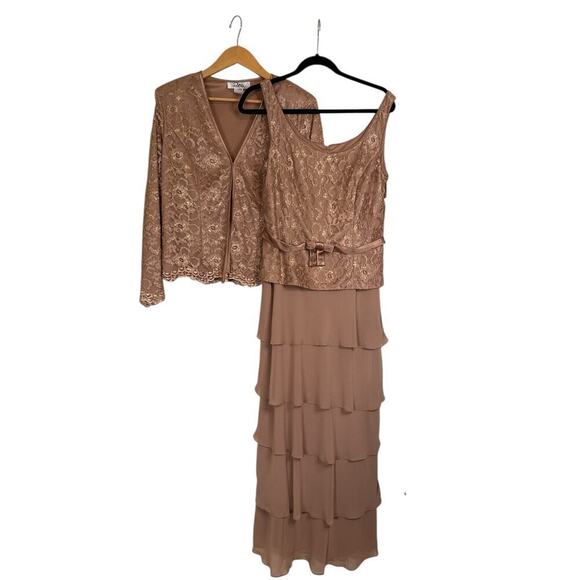 Patra Women's 2 Piece Floral Lace Jacket Layered Maxi Dress Size 12 Taupe NWOT - Picture 5 of 10